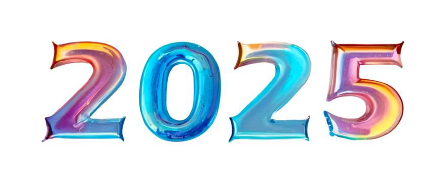 3D chrome holographic element in Y2K style, isolated background, liquid metal. The year 2025, colorful and vibrant letters.