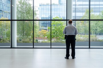 Security professional monitoring the entrance of a modern office building in daylight