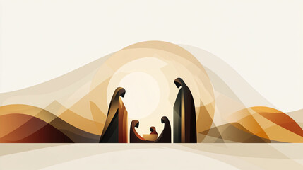 Minimalist silhouette illustration of Mary, Joseph, and baby Jesus with abstract background