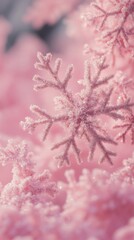 Capturing the delicate beauty of a pink snowflake surrounded by others in a winter wonderland, this enchanting image evokes festive cheer and is perfect for holiday designs