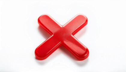 Fototapeta premium Shiny red cross mark isolated on white backdrop. Disapproval, error, mistake or cancellation concept