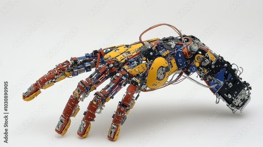 Poster a robotic hand constructed from recycled materials