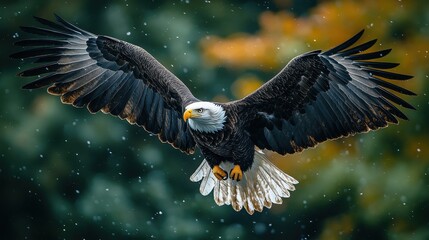 Naklejka premium Bald Eagle Flying Over Snow-Capped Mountains in Winter, Close-Up of Wings Spread, Captured with a Telephoto Lens and Natural Lighting 