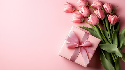Obraz premium stylish pink gift box with ribbon bow and bouquet of tulips on isolated pastel pink background