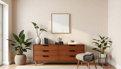 Fototapeta premium Interior design of living room at scandinavian apartment with stylish commode, tropical plants, books, tea pot and elegant accessories. Modern home decor. Template. Copy space. Beige walls isolated 