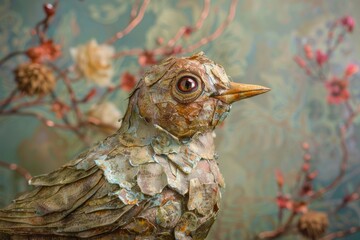 Fototapeta premium Intricate bird sculpture with floral background