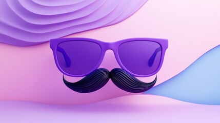 3d illustration of a pair of purple sunglasses and a black mustache floating on a pastel background with abstract shapes
