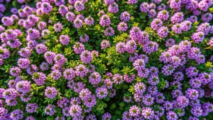 Naklejka premium Aerial view of wild thyme flowers blooming in summer natural background