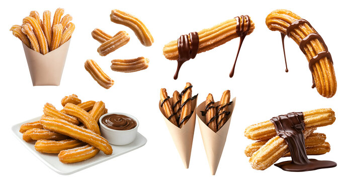 Churro churros fried dough bread choux fritters pastry on transparent cutout, PNG file. Many different angles, stack, pile, chocolate sugar coated, paper cone wrap. Mockup template for artwork design