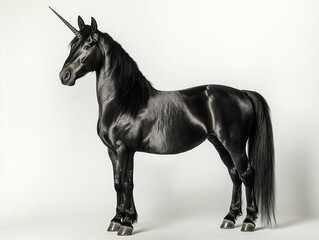 A majestic black unicorn standing elegantly against a white background. 