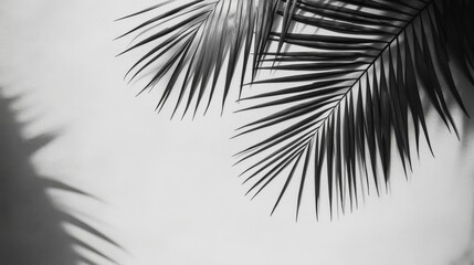 Fototapeta premium Tropical palm leaves casting shadows on a white wall in a chic black and white image, creating a captivating light and shadow pattern. Perfect for a modern touch of nature