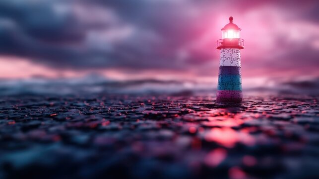 An illuminated puzzle lighthouse stands amidst dusky ocean waves, symbolizing guidance and hope, and blending art with nature's majestic presence.