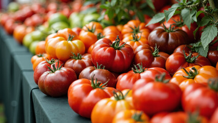 Vibrant Market Stall Showcasing Colorful Heirloom Tomatoes for British Tomato Fortnight: Perfect for Food Festivals and Culinary Promotions