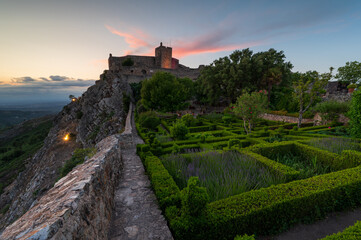 Amazing Sunset at Castle Marvao, a small picturesque village in the Alentejo. Panoramic view landscape. Beautiful landmark in Portugal, with its historic walls and towers.
