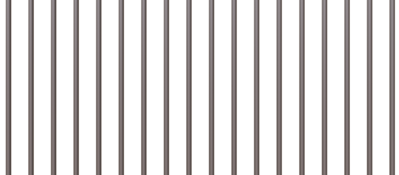 Prison bars isolated on white transparent. Stainless steel  vertical rods, jail cell security. 3d illustration