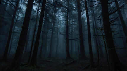 Fototapeta premium A dark, eerie forest at night, shrouded in thick fog, with towering trees looming in the shadows, creating a chilling and unsettling atmosphere