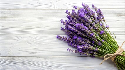 Fresh lavender flowers bundle on a white asymmetrical background