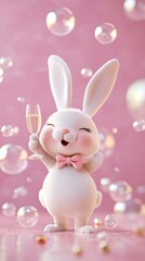 Adorable fluffy bunny is holding a glass of sparkling wine and smiling cheerfully surrounded by soap bubbles on a pink background