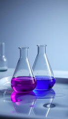 two science glass flask with purple solution on laboratory water sink for chemistry education background isolated with white highlights, png