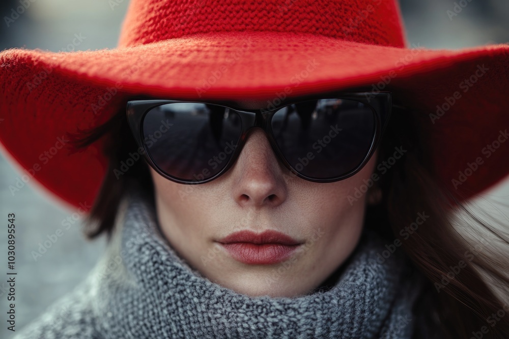 Wall mural Woman with red hat and sunglasses