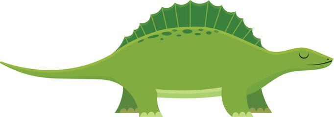 Friendly green dimetrodon dinosaur happily walks to the right on a white background, perfect for kids education and fun.