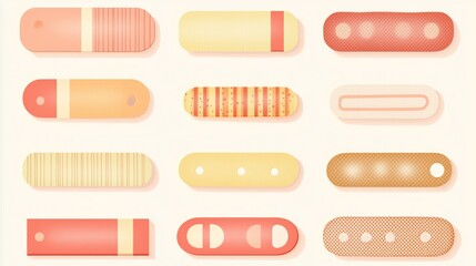 Set of colorful adhesive bandages with various patterns and textures on a light background