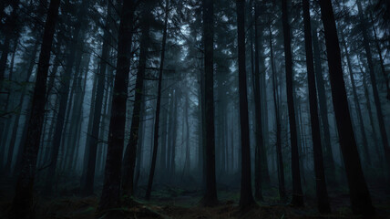 Naklejka premium A dark, eerie forest at night, enveloped in dense fog, with towering trees casting ominous shadows, evoking a chilling and terrifying atmosphere