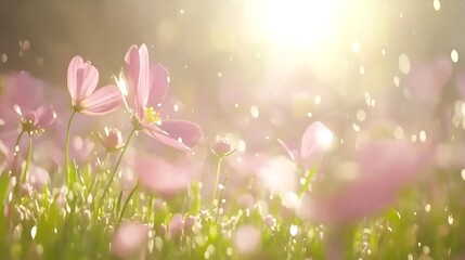 Pink cosmos flowers bloom in a field bathed in warm sunlight.