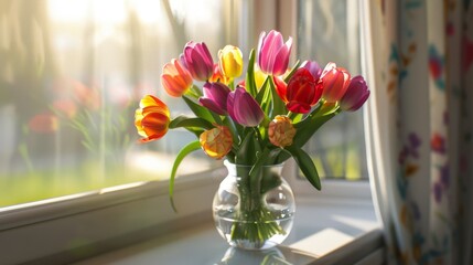 Vibrant Tulips Bouquet in a Vase by a Window