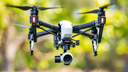 A Close-Up of a Black and White Drone with Propellers and a Camera