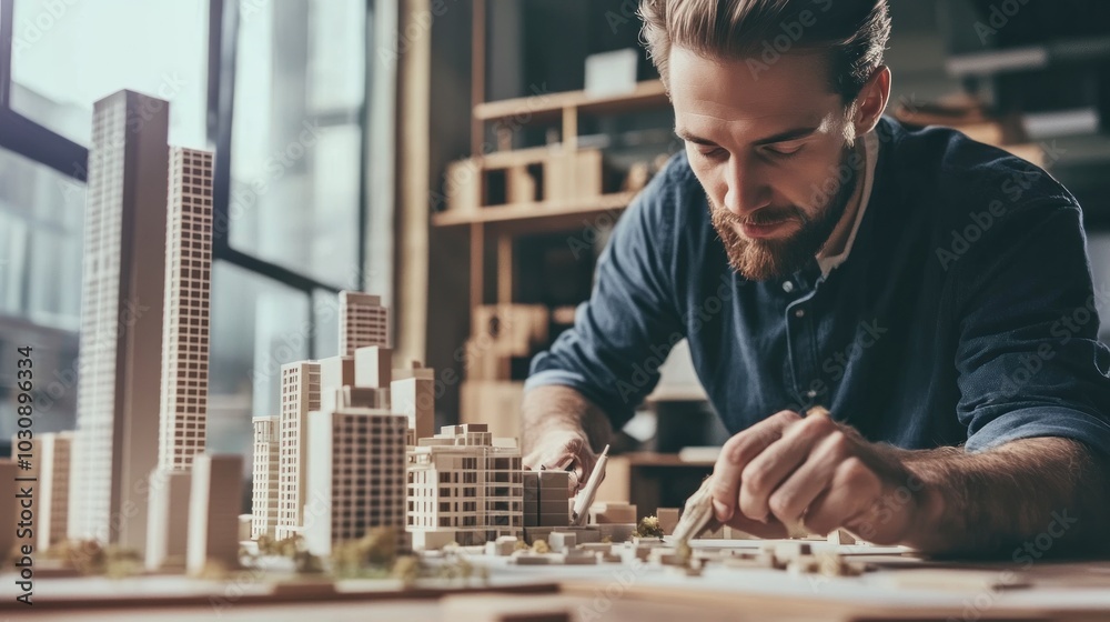 Aufkleber man with beard working on a detailed city model