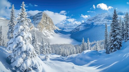 Obraz premium Panorama of snow covered mountains with blue sky and clouds and snow covered trees