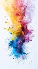 Fototapeta premium Vibrant plume of colored powder explodes against a white backdrop, creating an abstract and dynamic display of color and movement