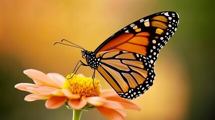 Fototapeta premium A monarch butterfly with black and orange wings, is perched on a pink and yellow flower with a soft green background.