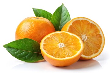 Fresh organic orange slice with leaves isolated on white background