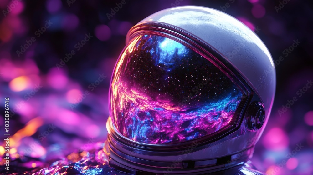 Wall mural astronaut is wearing a helmet reflecting a colorful and vibrant universe, creating a sense of wonder
