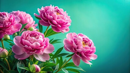 Beautiful peonies flowers foreground on green background with foliage background on blue, using forced perspective