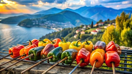 Fresh peppers cooking on skewer over barbecue grill