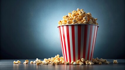 Fresh popcorn overflowing in striped container with classic movie theater bucket in worm's eye view