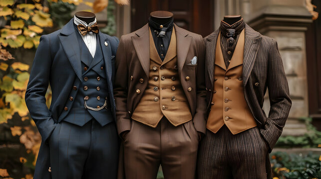 Three elegant suits displayed on mannequins in a stylish setting.