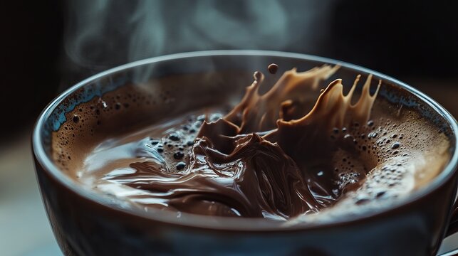 Indulge in the irresistible aroma of steaming chocolate milk in a cozy mug, perfect for a comforting treat. Enjoy the burst of flavor in every sip against a dark background