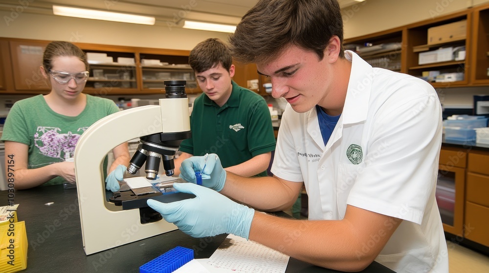 Poster A Student Examining A Slide Under A Microscope In A Lab