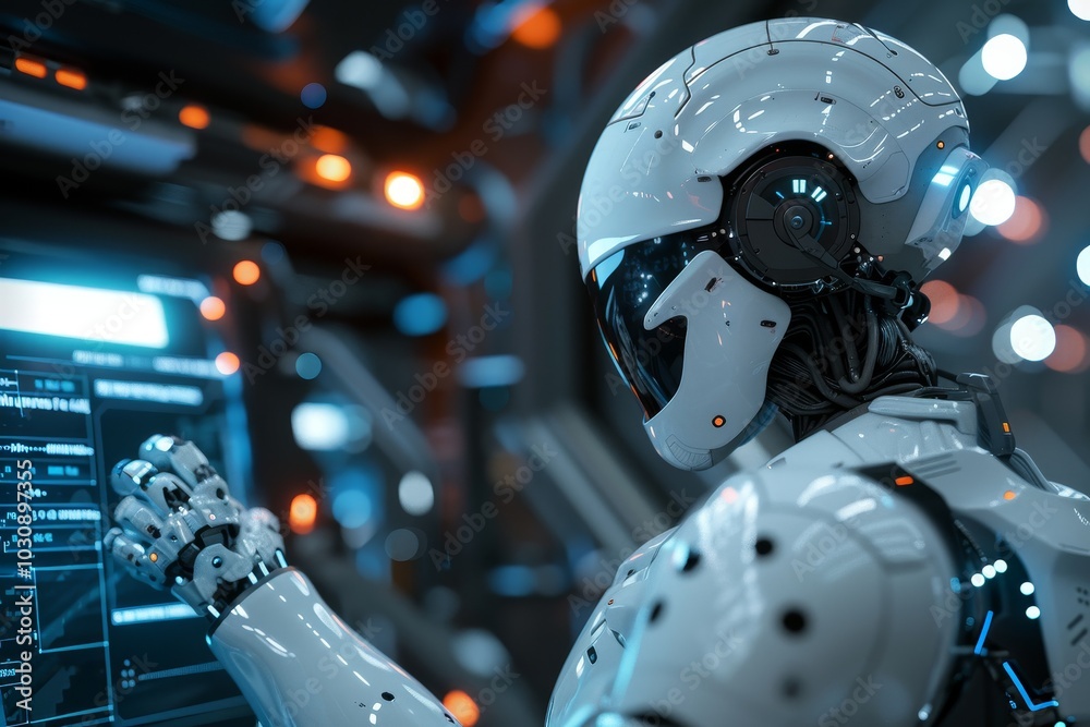 Poster an ai robot defending against cyber attacks ,a robot diligently operates a computer, focused on the 