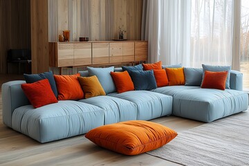 Minimalist, using wood to finish the living room with a Scandinavian interior and a modern living room with a sky blue sofa as a point. Generative AI

