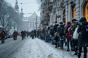 Naklejka premium European or American people queue and wait for shopping on sidewalk outside supermarket on winter snowy street. Economical and financial crisis, unemployment, poverty and joblessness concept