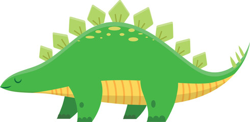 Happy green stegosaurus is walking toward the left of the frame. This colorful illustration would be perfect for a children book or educational material.