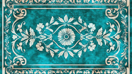 Obraz premium Art Deco turquoise floral pattern featuring stylized flowers, leaves, and geometric borders with metallic accents