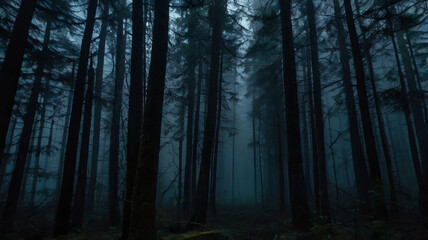 A dark, eerie forest at night, shrouded in thick fog, with towering trees looming overhead, creating a chilling and frightening atmosphere