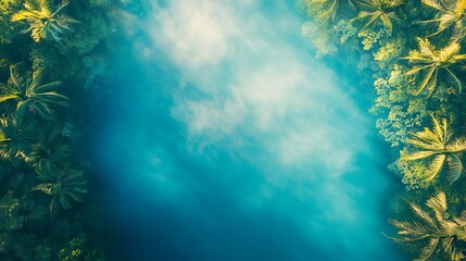 Obraz premium Aerial view of a tropical lagoon surrounded by lush green palm trees.