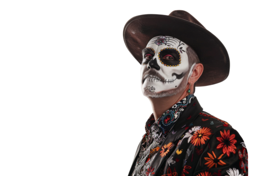 portrait of a happy man wearing terrifying halloween makeup for the day of the dead, his face marked with a scary expression, isolated on a transparent png background